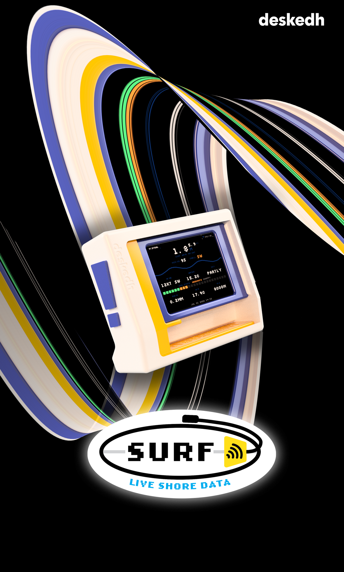 deskedh Surf, a compact display showing live shore conditions